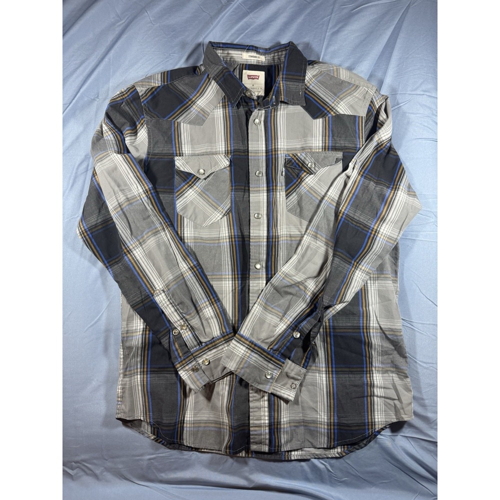 Levi's Men's Grey Plaid Long Sleeve Pearl Snap Shirt Size Medium
